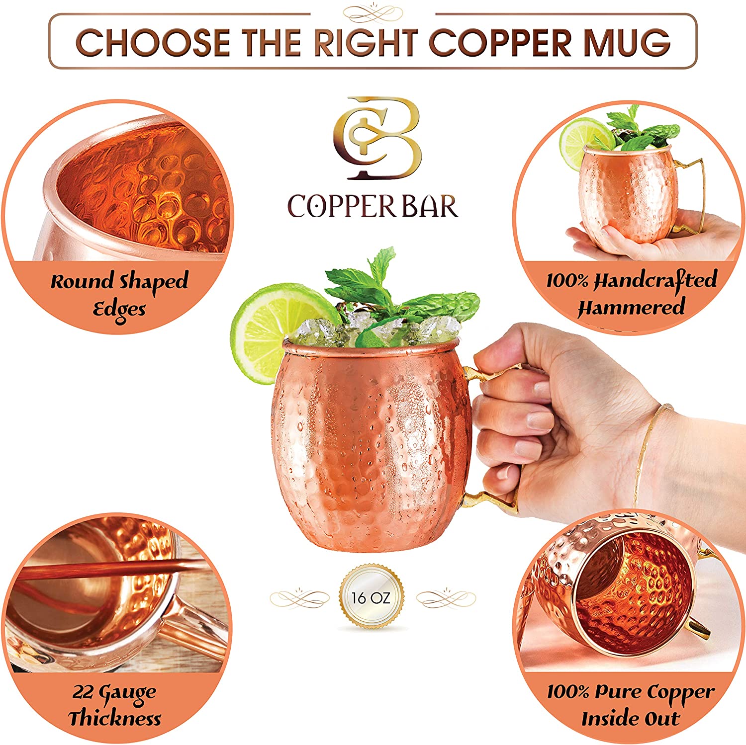 Moscow Mule Copper Mugs - Set of 2 - 100% HANDCRAFTED Pure Solid Copper Mugs - 16 Oz, Gift Set With Cocktail Copper Straws, Copper Shot Glass & Copper Stirrer by Copper-Bar