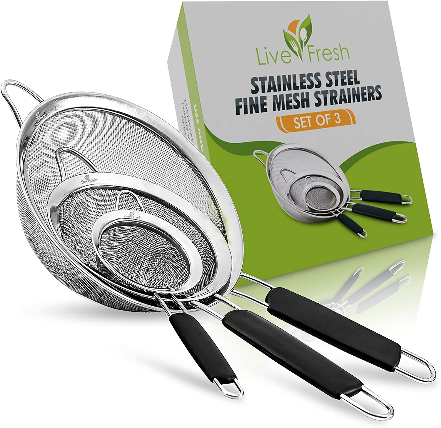 LiveFresh Fine Mesh Strainer Set - Rust Proof Stainless Steel with Non Slip Handles - Fine Mesh Sieve Set of 3