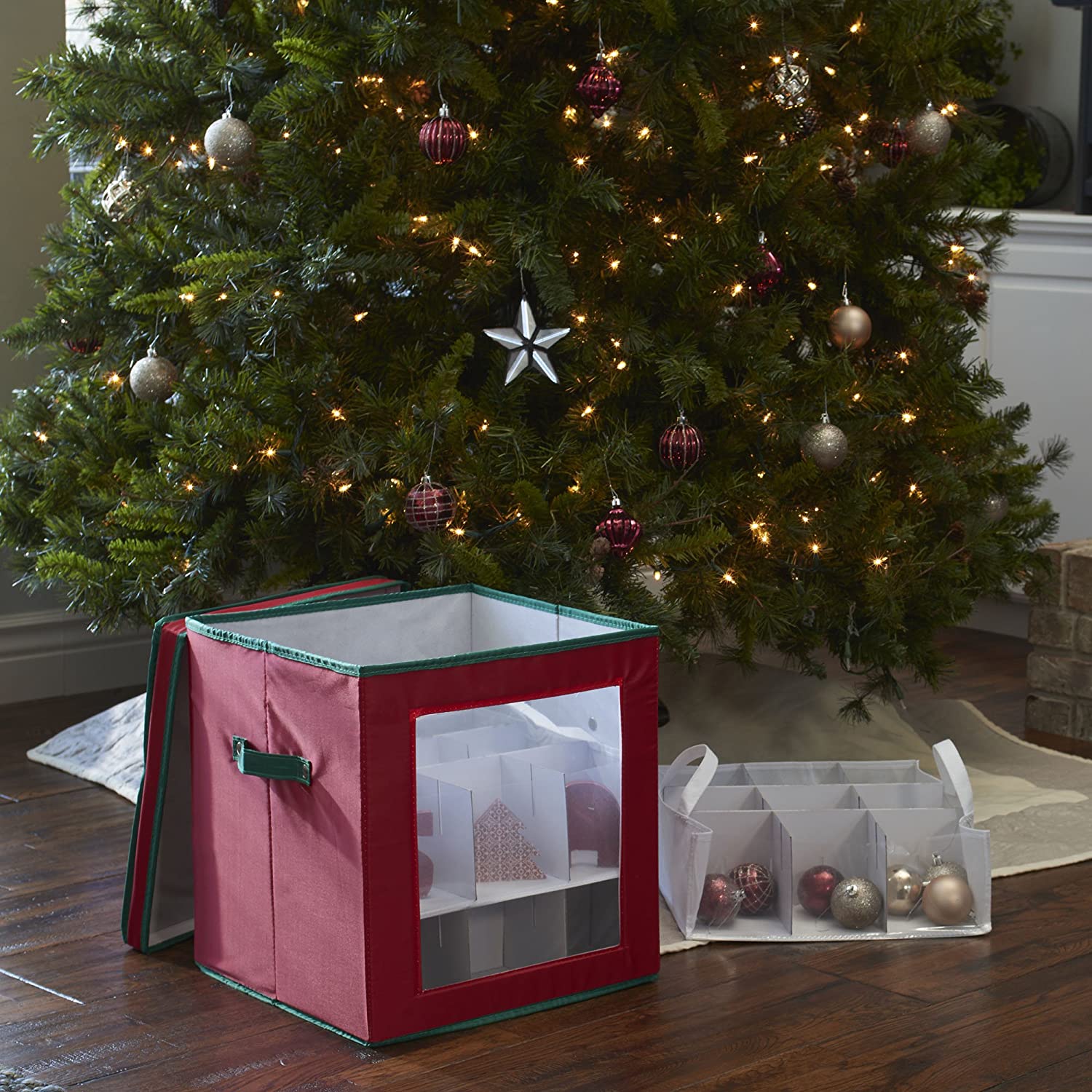 Household Essentials 552RED Medium Christmas Tree Ornament Storage Box | Stores Up to 27 Xmas Ornaments | Red Bin with Green Trim