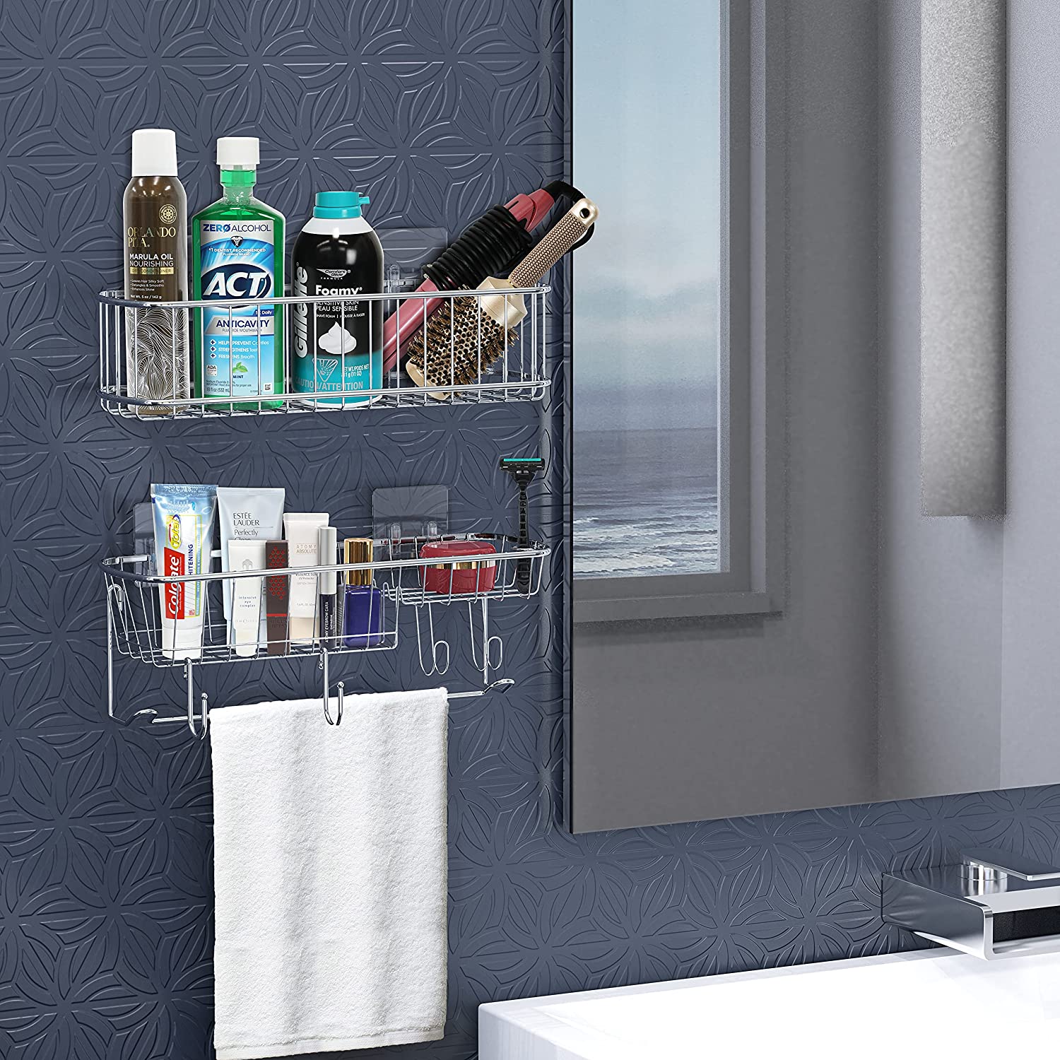 Simple Houseware Bathroom Adhesive Wall Mount Large 2-Tier Shower Caddy, Chrome