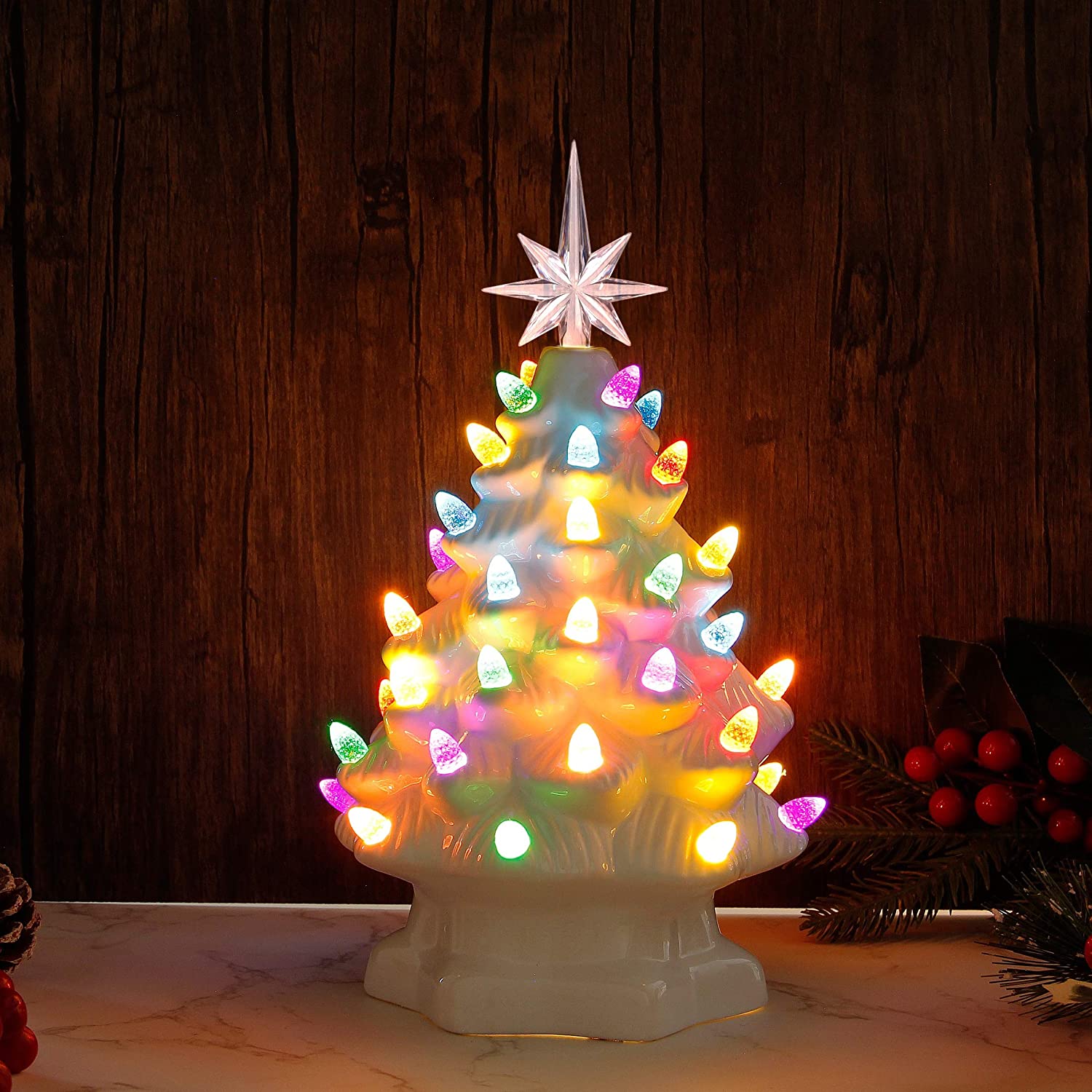 Lulu Home Ceramic Christmas Tree, 10 Inch LED Light Up Ceramic Tabletop Christmas Tree with 54 Multicolored Lights and a 7 Point Star Topper, White Mini Vintage Lighted Ceramic Tree for Tabletop