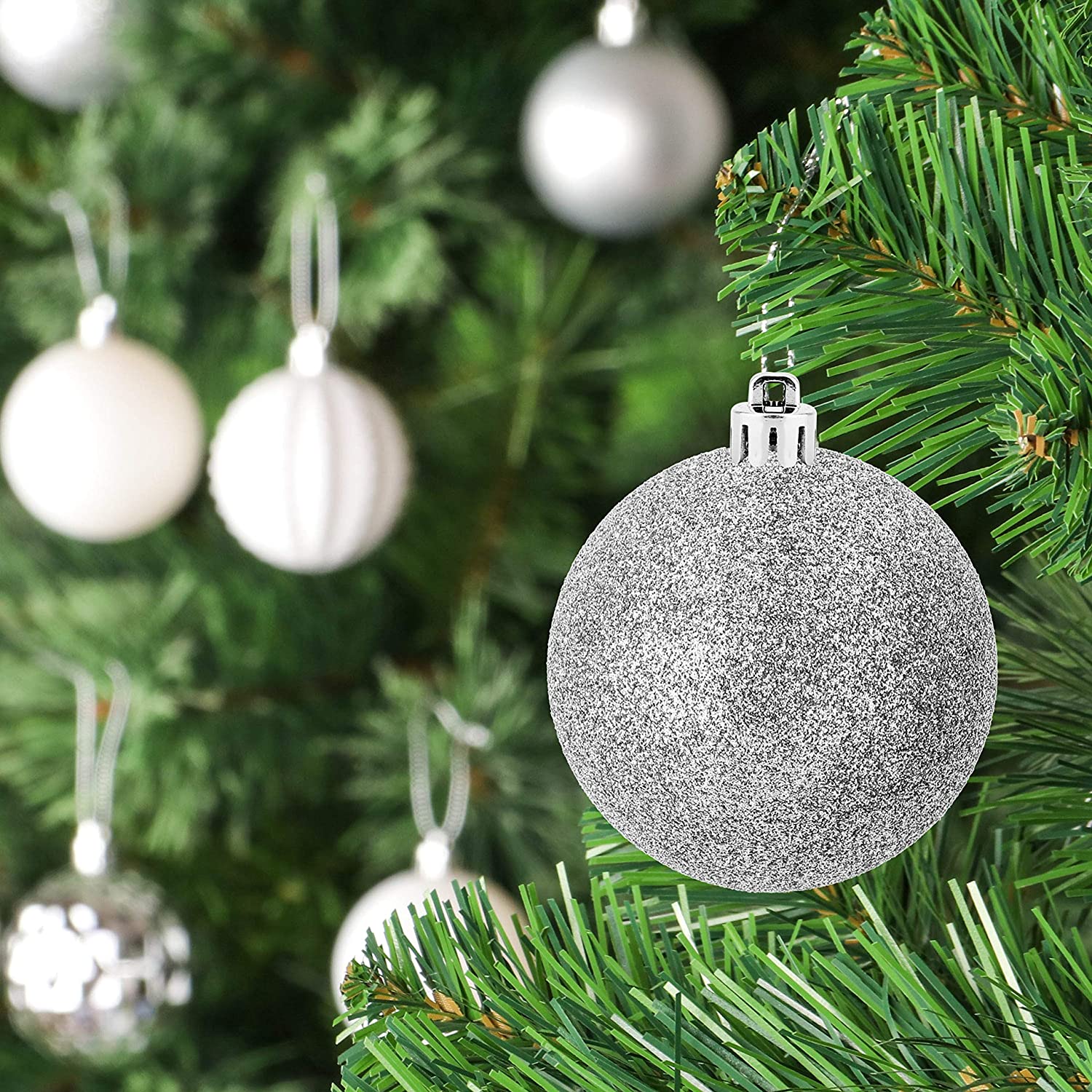 45Pcs 6cm/2.36inch Christmas Balls Glitter Christmas Tree Ornaments Hanging Christmas Home Decorations for Home House Bar Party(Silver/White)