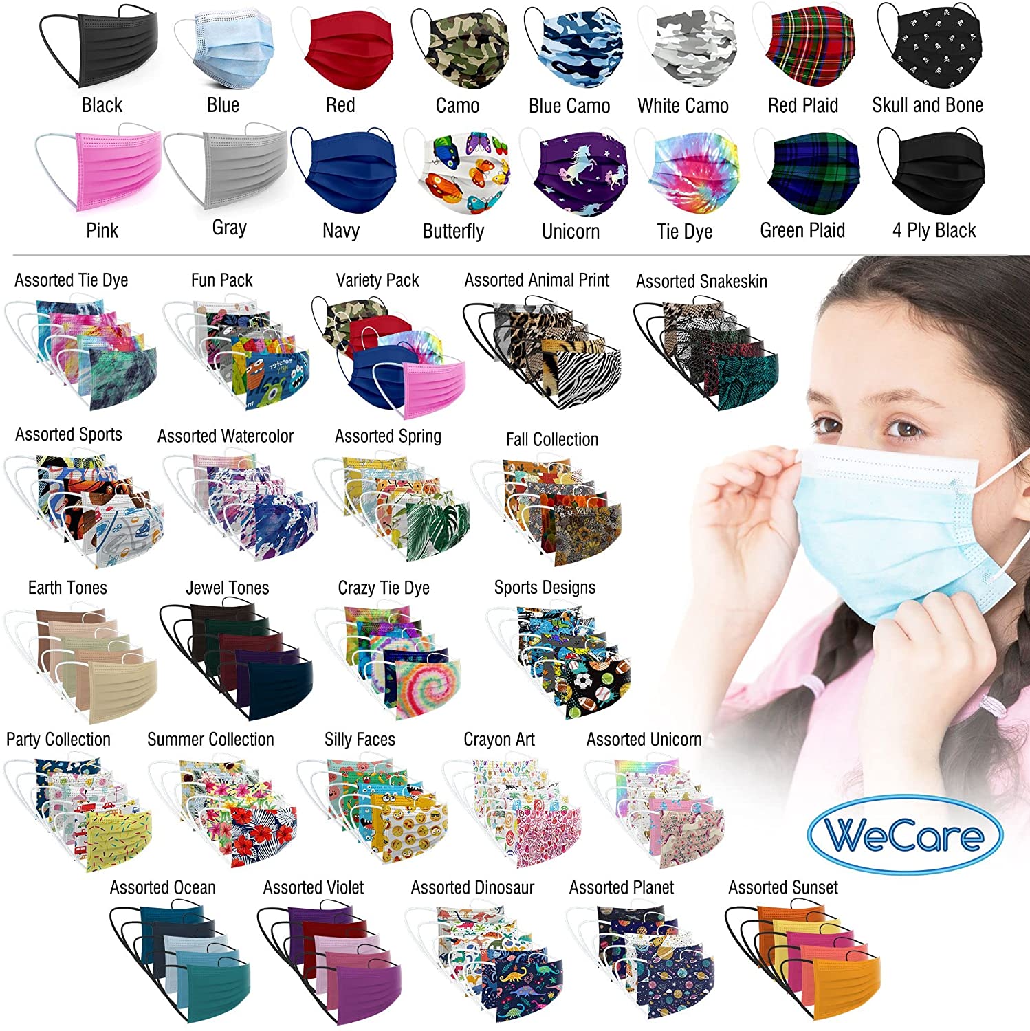 WeCare Kids Disposable Face Masks, 50 Pack Variety Colors, Individually Wrapped