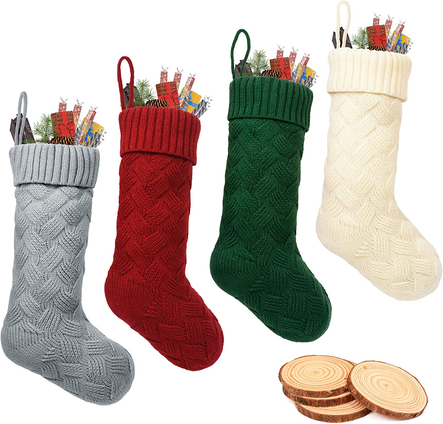 ROSFORU Knit Christmas Stockings, 4 Pack Large Size Candy Gift Bag Personalized Decoration Weave Xmas Socks, Classic Style?Ivory White, Green, Gray, Burgundy?