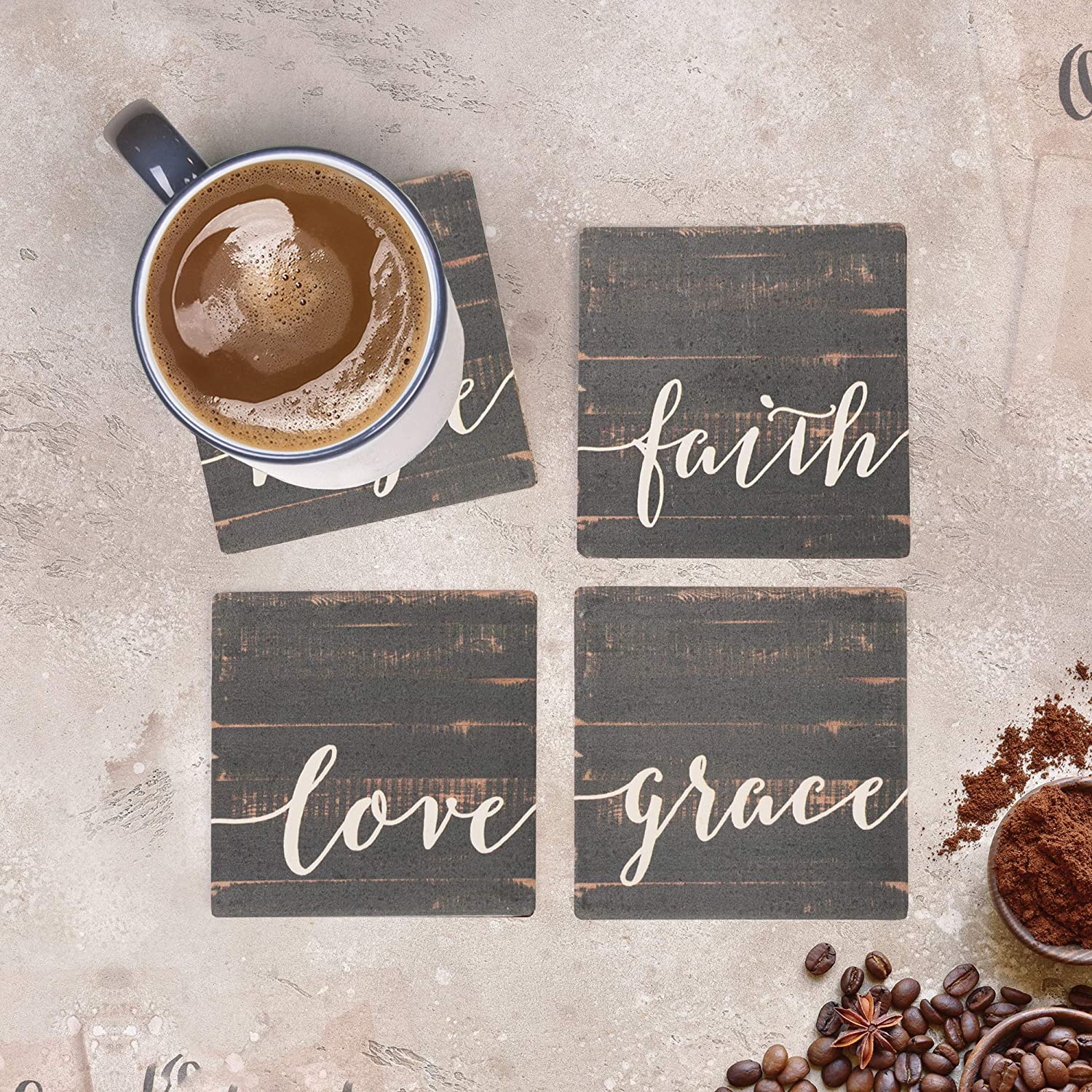 Love Faith Grace Hope Distressed Wood Look 4 x 4 Absorbent Ceramic Coasters Set of 4