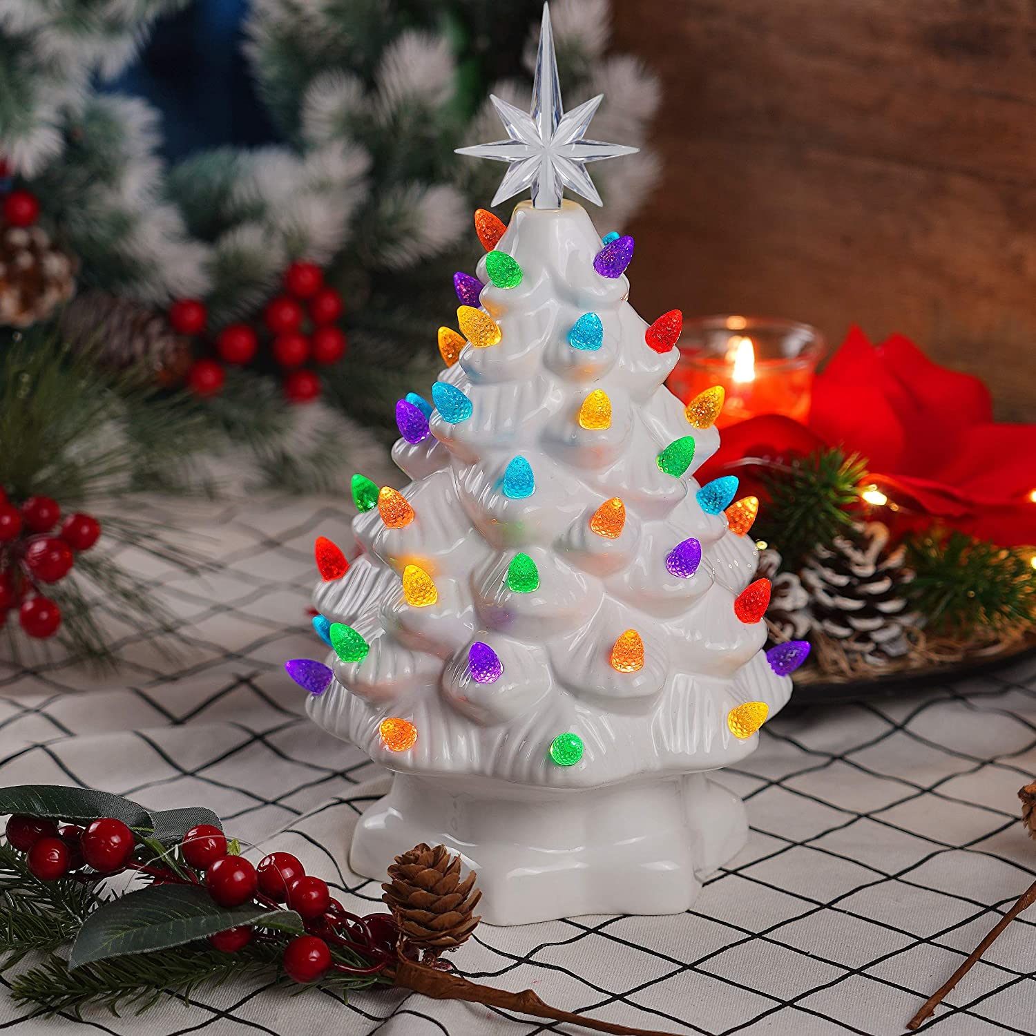 Lulu Home Ceramic Christmas Tree, 10 Inch LED Light Up Ceramic Tabletop Christmas Tree with 54 Multicolored Lights and a 7 Point Star Topper, White Mini Vintage Lighted Ceramic Tree for Tabletop