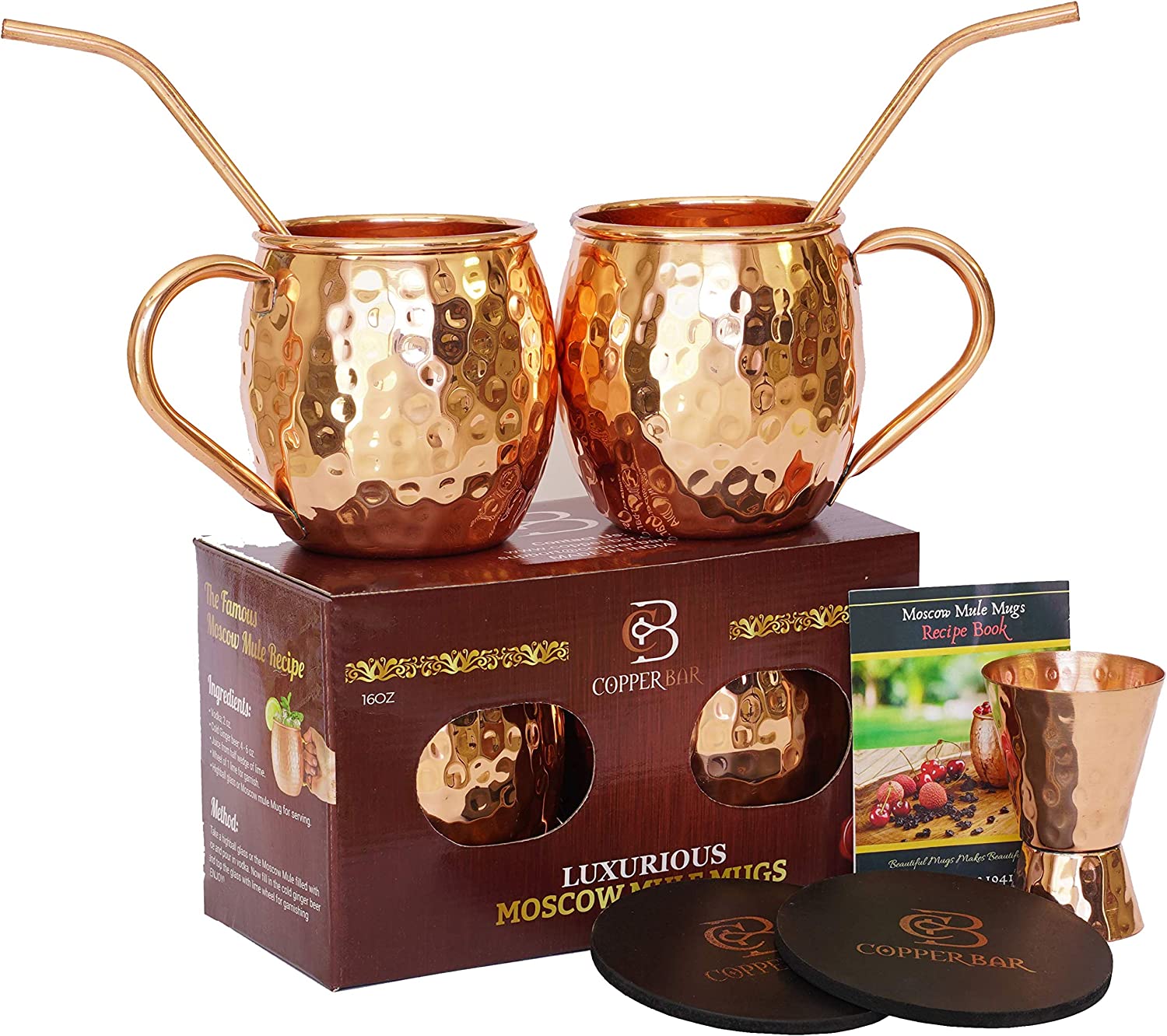 Moscow Mule Copper Mugs - Set of 2 - 100% HANDCRAFTED Pure Solid Copper Mugs - 16 oz Gift Set with Cocktail Copper Straws, Jigger & 2 Coasters by Copper-Bar