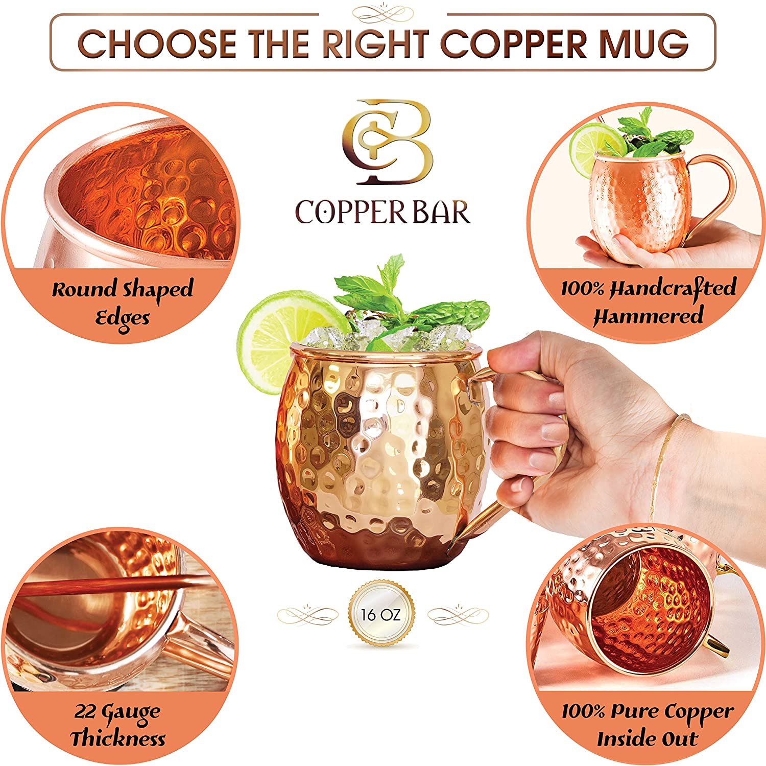 Moscow Mule Copper Mugs - Set of 2 - 100% HANDCRAFTED Pure Solid Copper Mugs - 16 oz Gift Set with Cocktail Copper Straws, Jigger & 2 Coasters by Copper-Bar