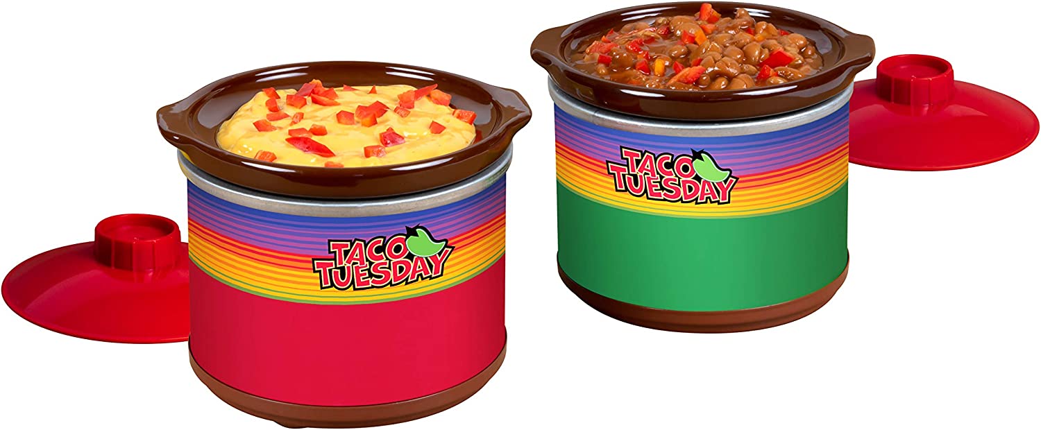 Taco Tuesday Two Mini Fiesta Dippers, 0.65 Qt. Capacity, Includes Lid, Perfect For Queso, Chili, Beans, Chicken, Beef, Red/Green