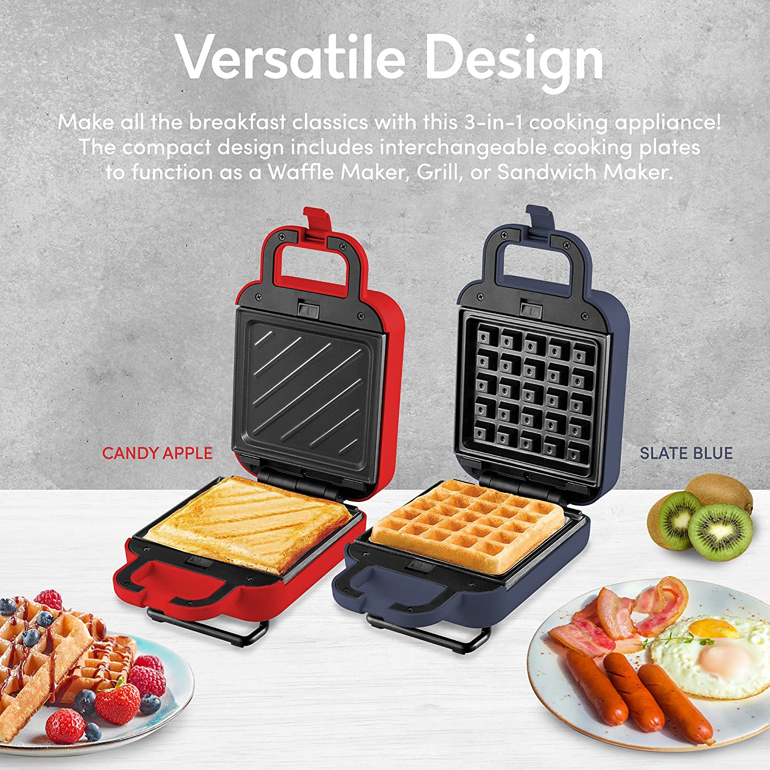 Elite Gourmet by Maxi-Matic EWM1500BG Electric 3-in-1 Nonstick 1-Inch Thick Waffle & Grill Non-Stick PFOA-Free Belgian Waffle Maker Iron, Breakfast, Sandwiches, Snacks, Burgers and more, Single, blue