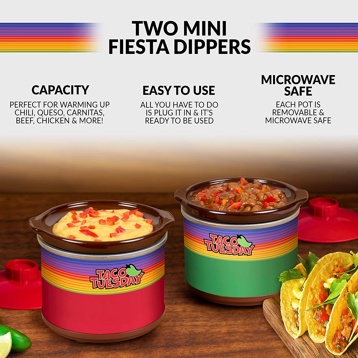 Taco Tuesday Two Mini Fiesta Dippers, 0.65 Qt. Capacity, Includes Lid, Perfect For Queso, Chili, Beans, Chicken, Beef, Red/Green