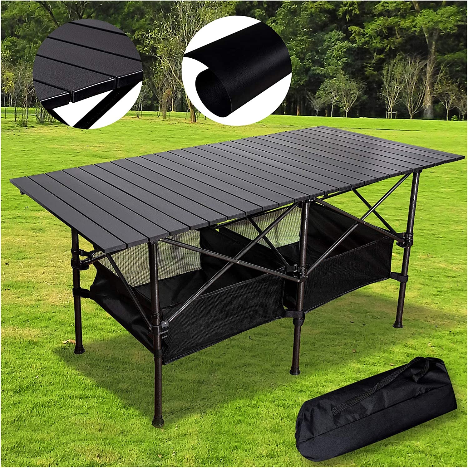 TOP Aluminum Camping Table,Easy Carry Picnic Folding Table with Storage Bag Heavy Duty RV BBQ Cooking Indoor Outdoor (Black XL)