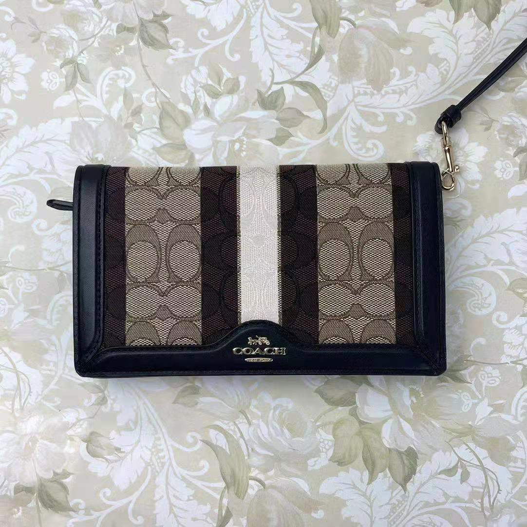 Coach C5884 Anna Foldover Clutch Crossbody Bag In Khaki Black Multi