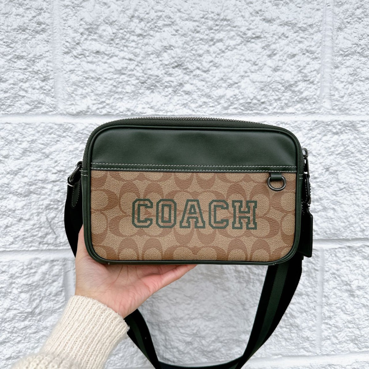 Coach CE638 Graham Crossbody In Signature Canvas With Varsity Motif IN /KHAKI/AMAZON GREEN