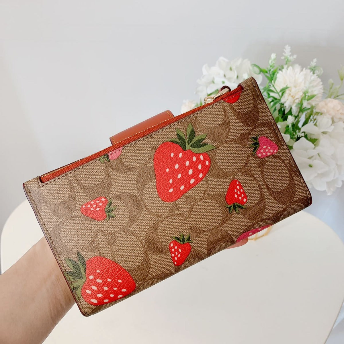 Coach CH165 Tech Wallet In Signature Canvas With Wild Strawberry Print IN Khaki Multi