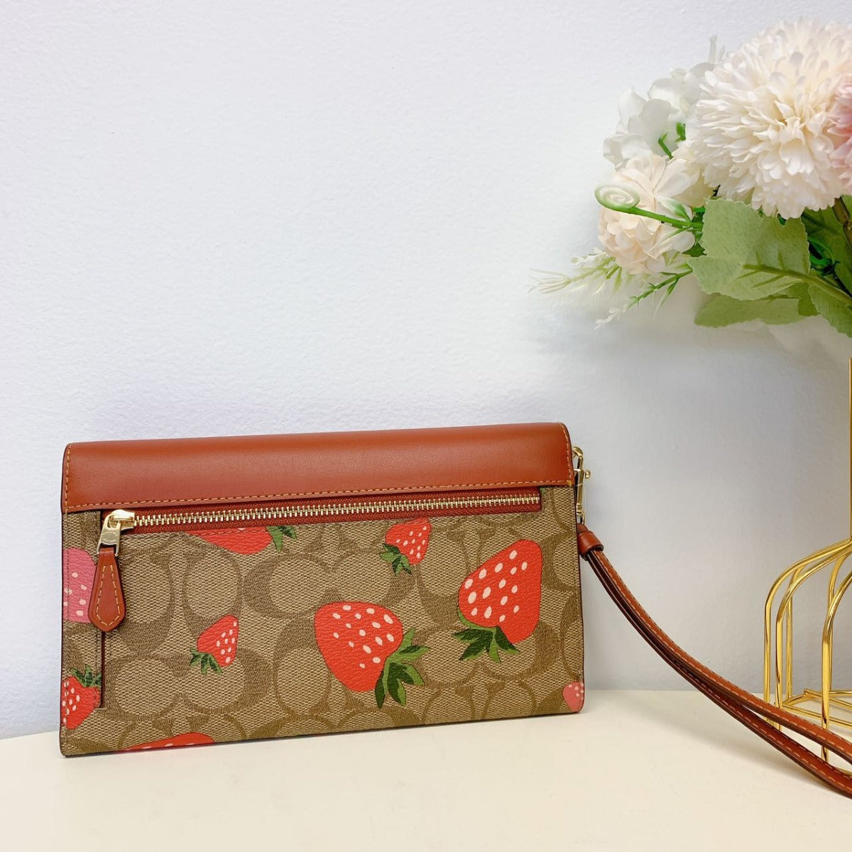 Coach CH524 Travel Envelope Wallet In Signature Canvas With Wild Strawberry Print IN Khaki Multi