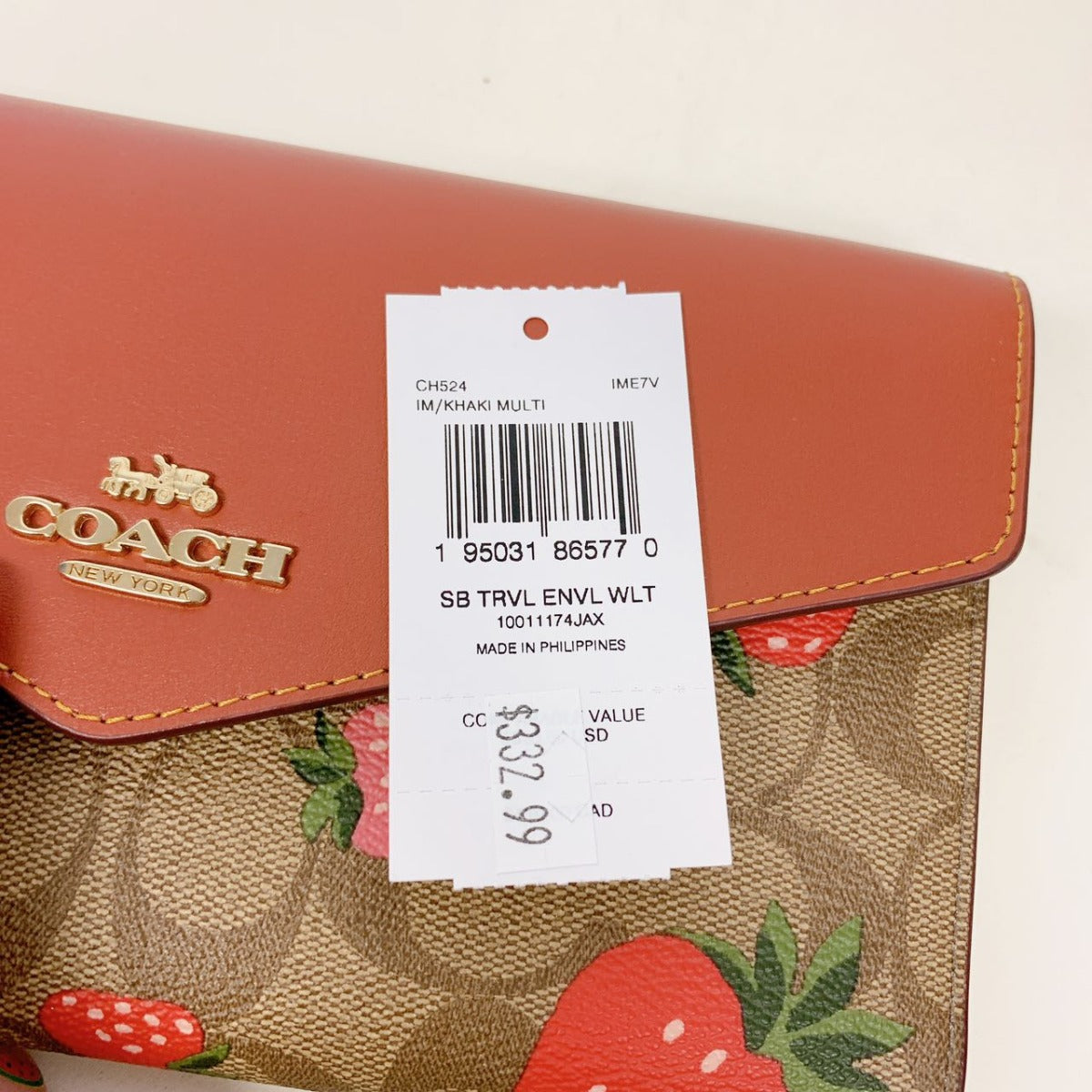 Coach CH524 Travel Envelope Wallet In Signature Canvas With Wild Strawberry Print IN Khaki Multi