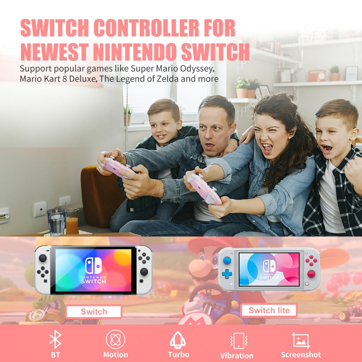 NS Wireless Controller for Nintendo Switch/Lite, Mytrix Wireless Switch Pro Controller with Auto-Fire Turbo, Motion Control, Wake-Up, Headphone Jack, Adjustable Vibration, Sakura Cherry Blossoms Pink