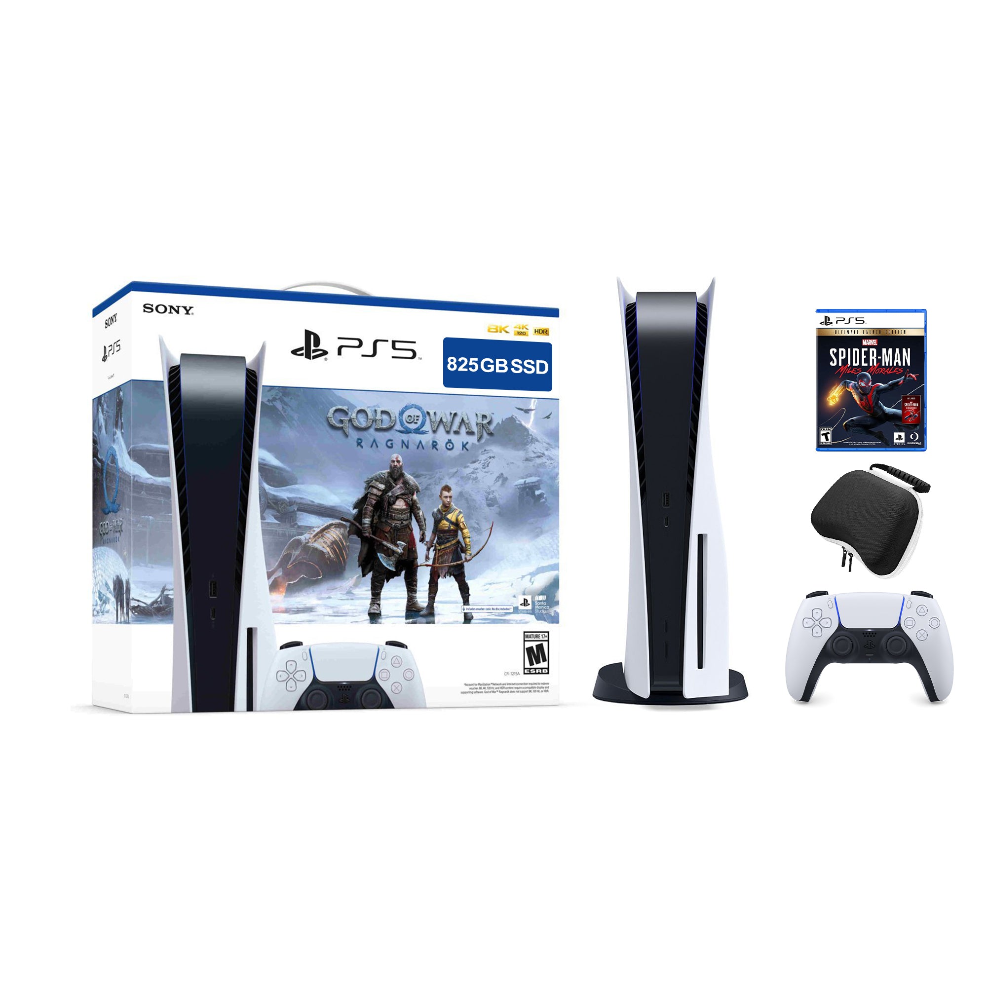 PlayStation 5 Disc Edition God of War Ragnarok Bundle with Spider Man Miles Morales and Mytrix Controller Case