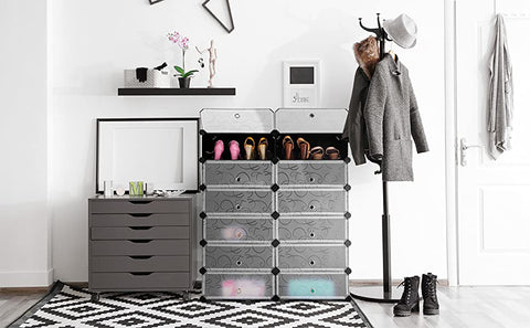12 Cubes DIY Entryway Shoe Rack Portable Plastic Shoe storage with Doors