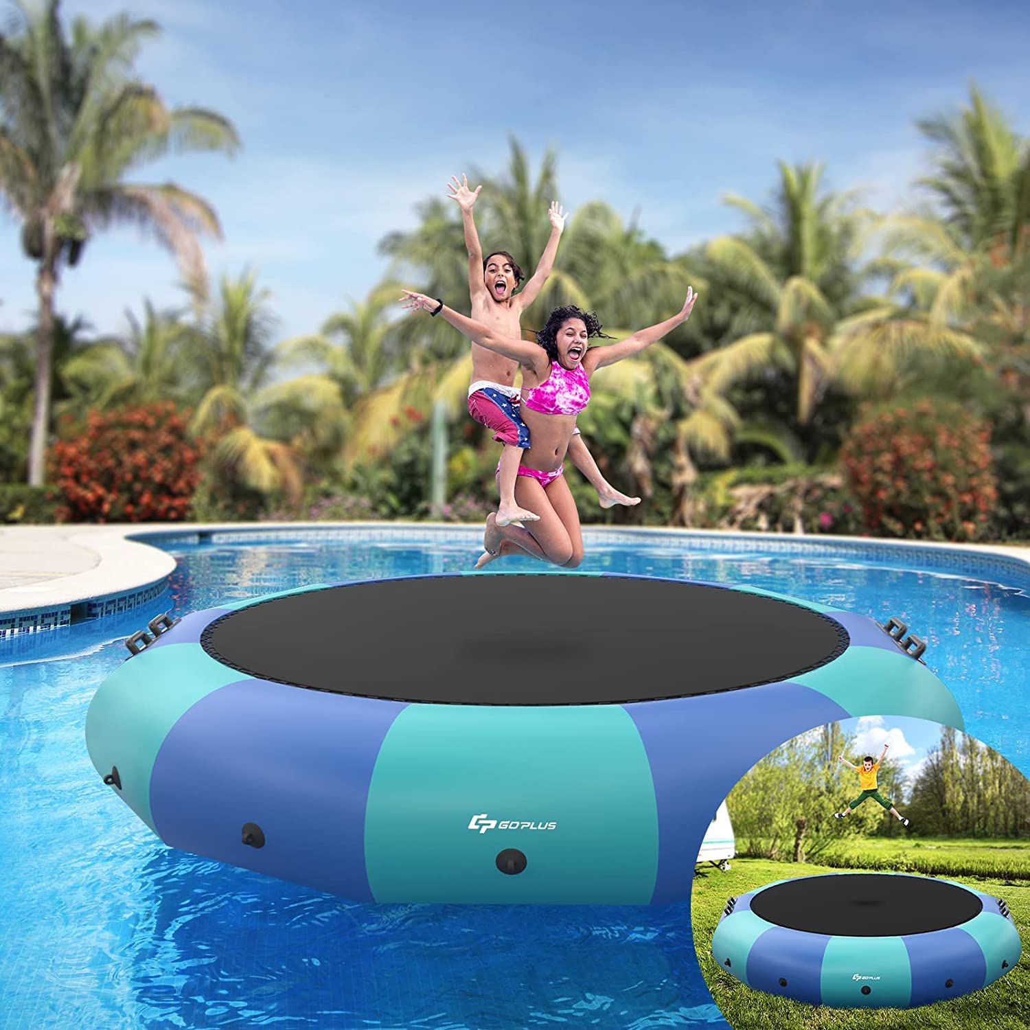 12 FT Inflatable Water Trampoline Recreational Water Bouncer with Electric Inflator