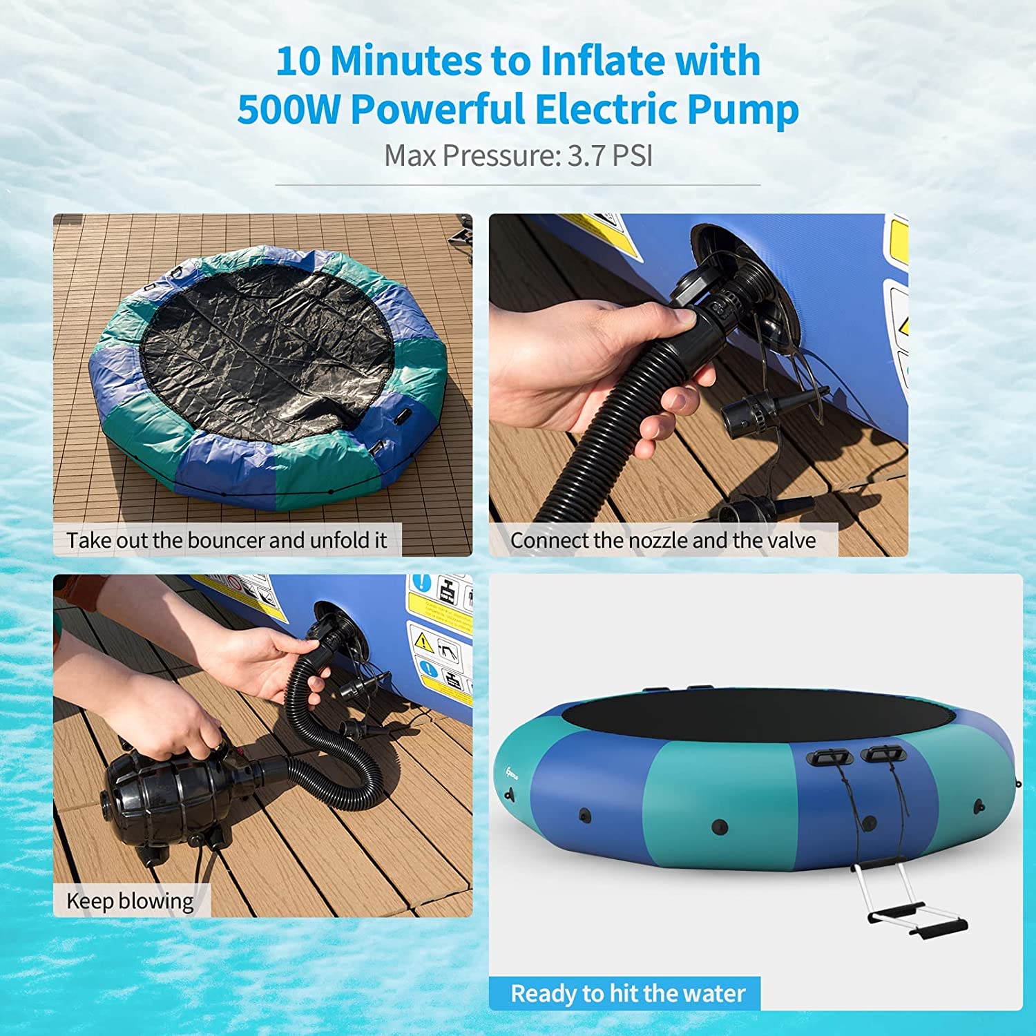 12 FT Inflatable Water Trampoline Recreational Water Bouncer with Electric Inflator