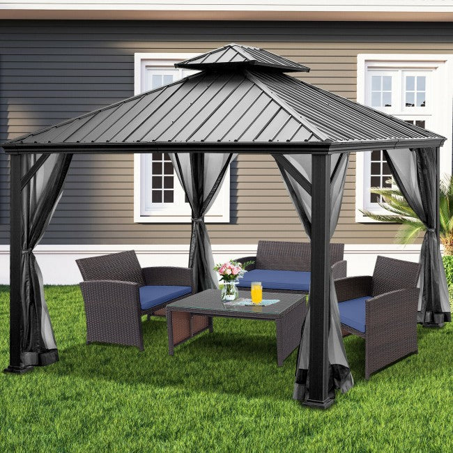 12' x 10' Outdoor Hardtop Gazebo Patio Galvanized Steel Pergolas Canopy Pavilion with Double Roof and Netting