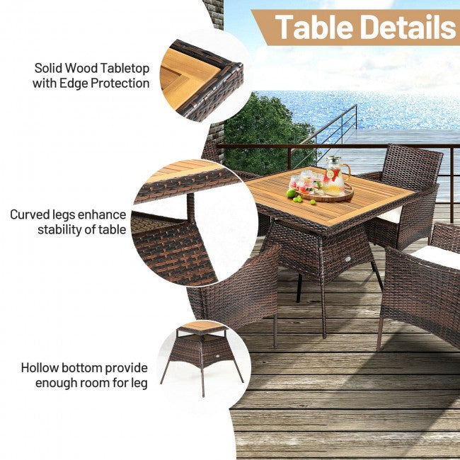 5 Pieces Outdoor Acacia Wood Dining Table Set Patio Rattan Conversation Furniture Set with Cushions and Umbrella Hole