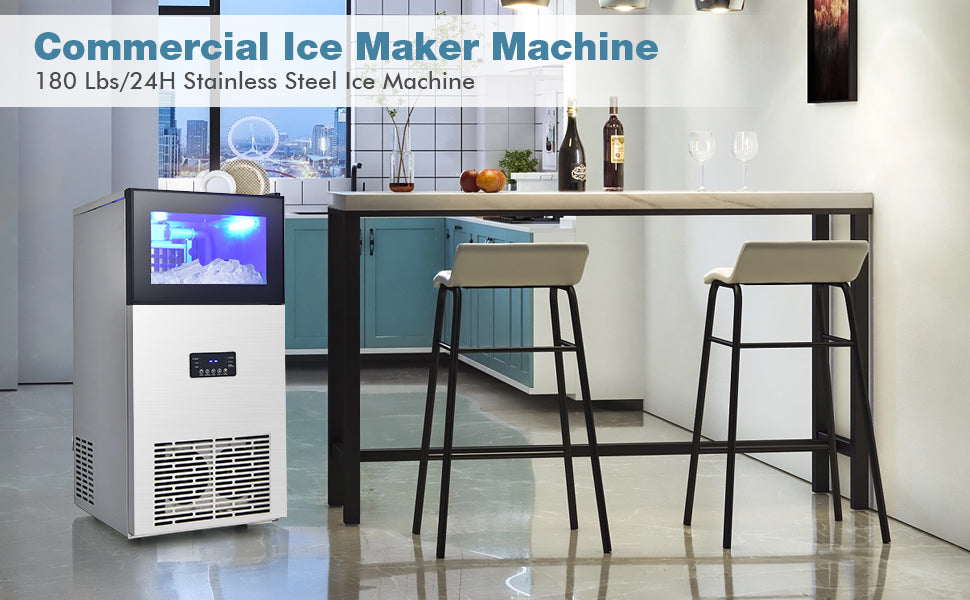 180LBS/24H Freestanding Commercial Ice Maker Stainless Steel Under Counter Ice Machine with 35 LBS Storage Bin