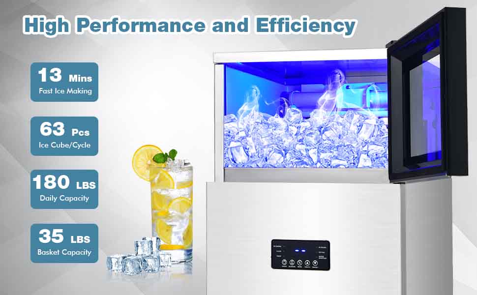 180LBS/24H Freestanding Commercial Ice Maker Stainless Steel Under Counter Ice Machine with 35 LBS Storage Bin