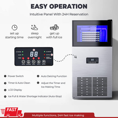 180LBS/24H Freestanding Commercial Ice Maker Stainless Steel Under Counter Ice Machine with 35 LBS Storage Bin