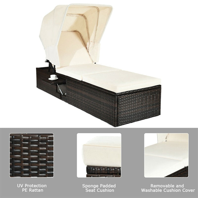 Outdoor Rattan Chaise Lounge Chair Adjustable Cushioned Reclining Chair with Folding Canopy and Flip-up Tea Table