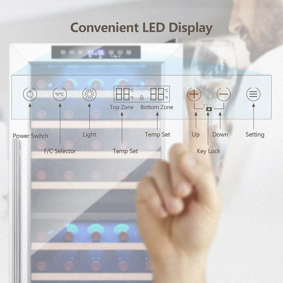 Enfriador de vino y bebidas integrado o independiente de 20 pulgadas, refrigerador de vino de doble zona para 43 botellas con 8 estantes de madera