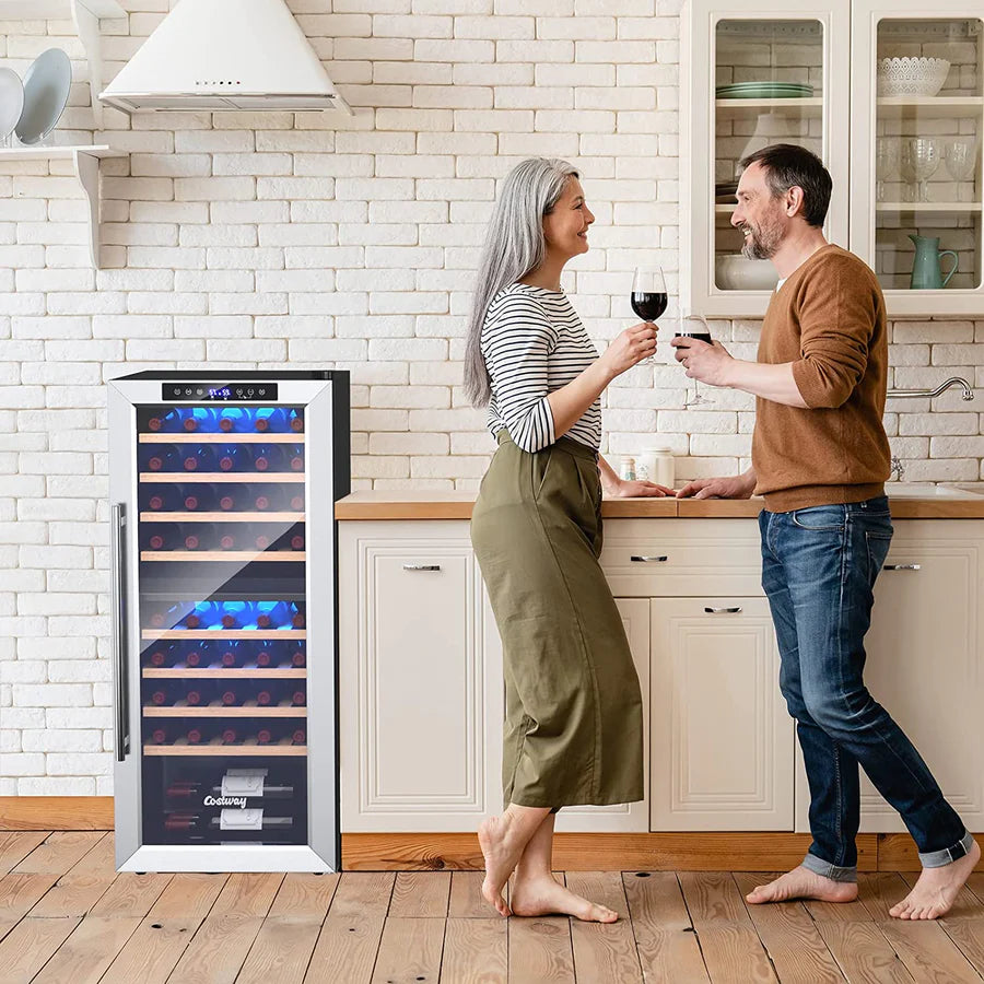 Enfriador de vino y bebidas integrado o independiente de 20 pulgadas, refrigerador de vino de doble zona para 43 botellas con 8 estantes de madera