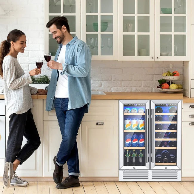 Enfriador de vino y bebidas de doble zona de acero inoxidable de 24 pulgadas, refrigerador de vino 2 en 1 con luz LED