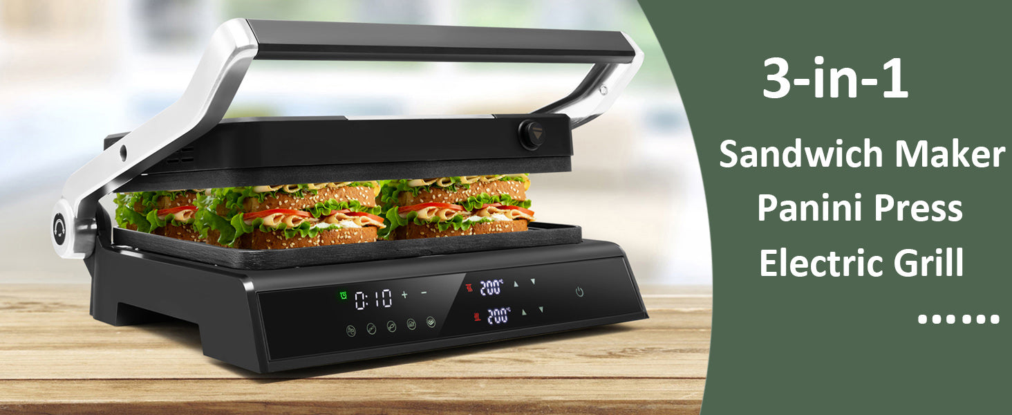 3-in-1 Panini Press Sandwich Maker Electric Indoor Grill with 5 Auto Modes and LED Display