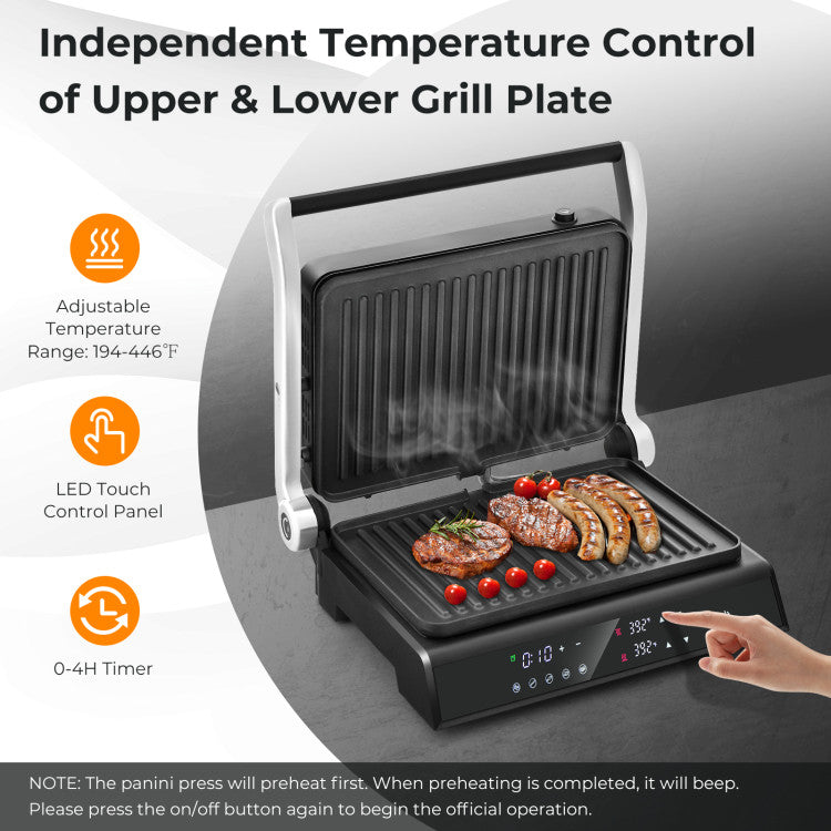 3-in-1 Panini Press Sandwich Maker Electric Indoor Grill with 5 Auto Modes and LED Display