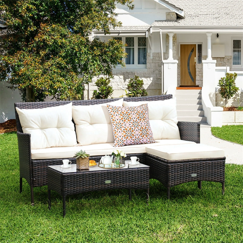 3 PCS Patio Rattan Conversation Set Outdoor Furniture Set with Cushions