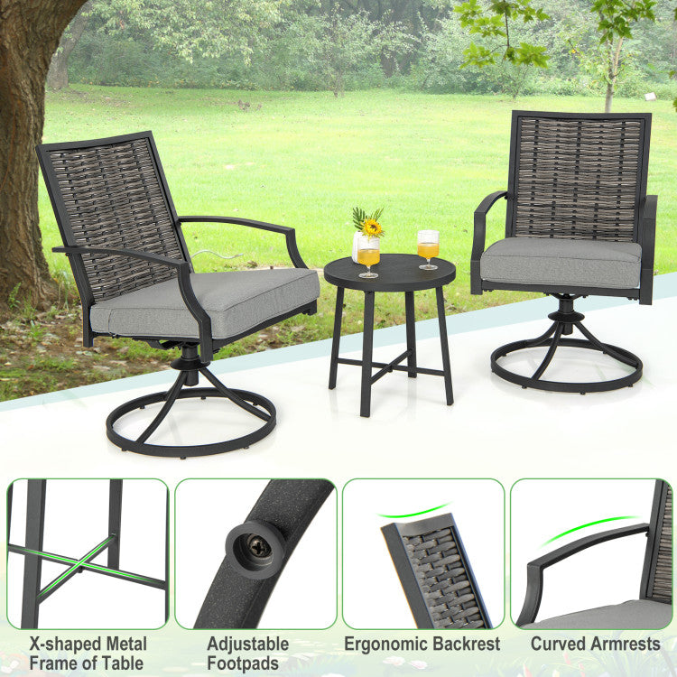 3 Piece Patio Swivel Dining Chairs Set PE Rattan Furniture Chair with Cushions and Coffee Table