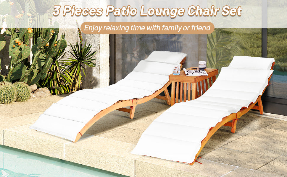 3 Pieces Outdoor Wooden Folding Chaise Lounge Chair with Side Table and Cushion