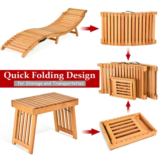 3 Pieces Outdoor Wooden Folding Chaise Lounge Chair with Side Table and Cushion