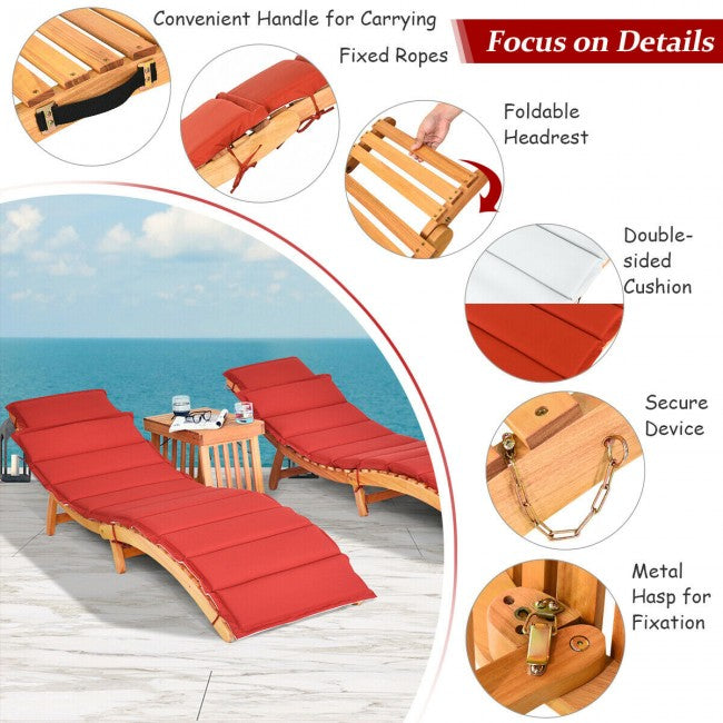 3 Pieces Outdoor Wooden Folding Chaise Lounge Chair with Side Table and Cushion