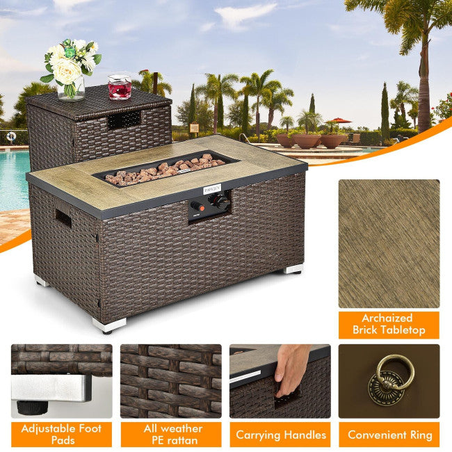 40000 BTU Outdoor 32 x 20 Inch Propane Rattan Fire Pit Table Set with Cover and Side Table Tank