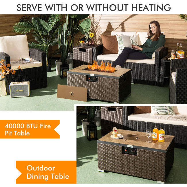40000 BTU Outdoor 32 x 20 Inch Propane Rattan Fire Pit Table Set with Cover and Side Table Tank