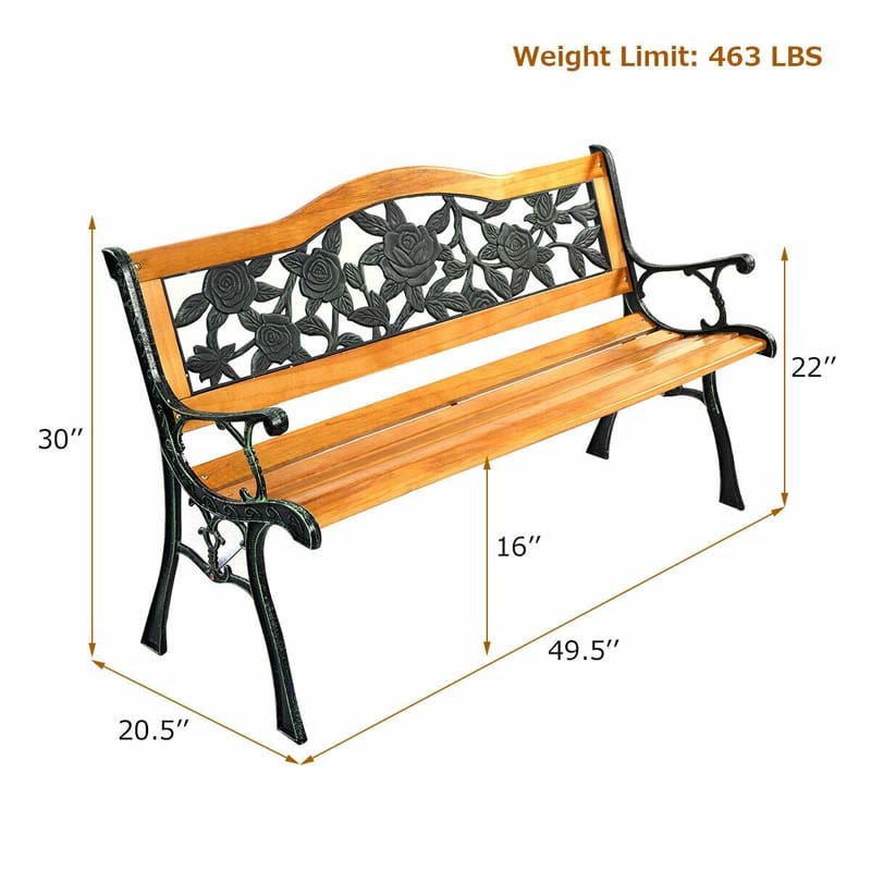 50'' Outdoor Bench, Patio Park Rose Cast Iron Hardwood Frame Porch Loveseat Chair