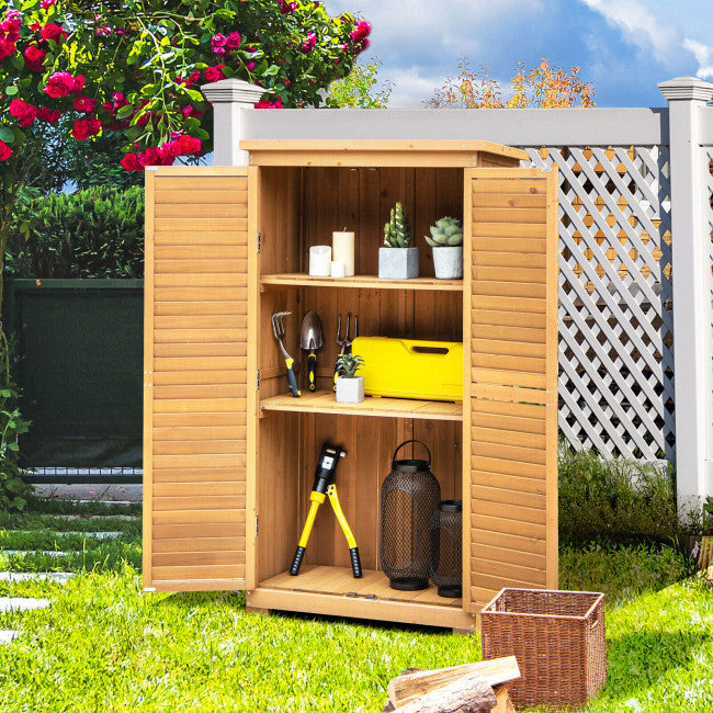 63" Outdoor Wooden Storage Cabinet Lockable Garden Tool Shed with Removable Shelves