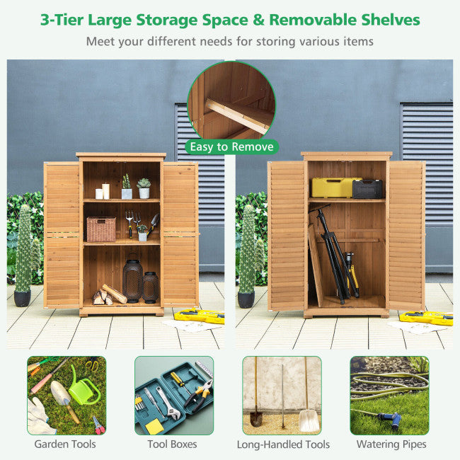 63" Outdoor Wooden Storage Cabinet Lockable Garden Tool Shed with Removable Shelves