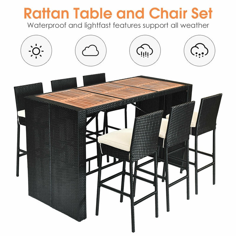 7 Piece Outdoor Patio Rattan Dining Set Furniture Set with Cushion and Acacia Wood Bar Table Top