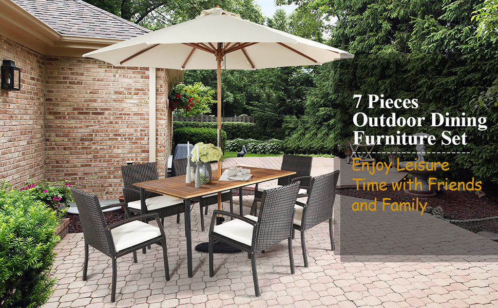 7 Pieces Outdoor Patio Rattan Dining Set Conversation Set with Soft Cushion and Umbrella Hole