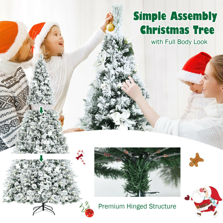 8 Feet Snow Flocked Hinged Christmas Tree with Berries and Poinsettia Flowers